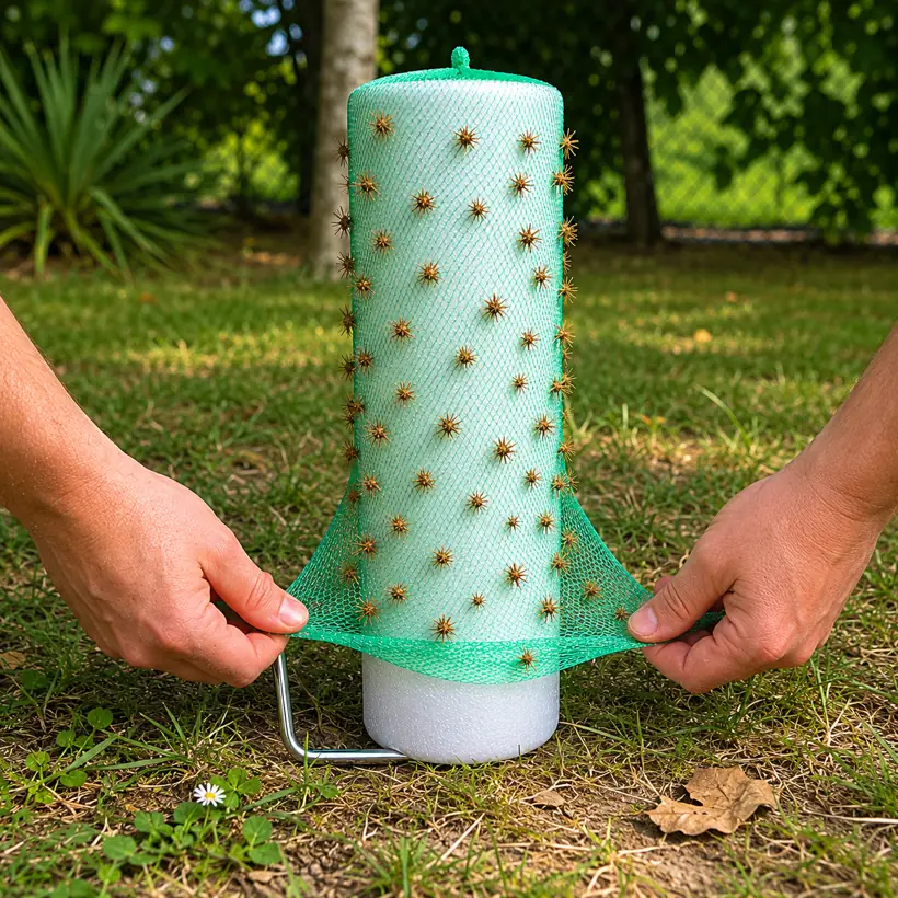 Two hands peeling the green mesh sleeve off the THORNADO foam roller, burs trapped in the mesh