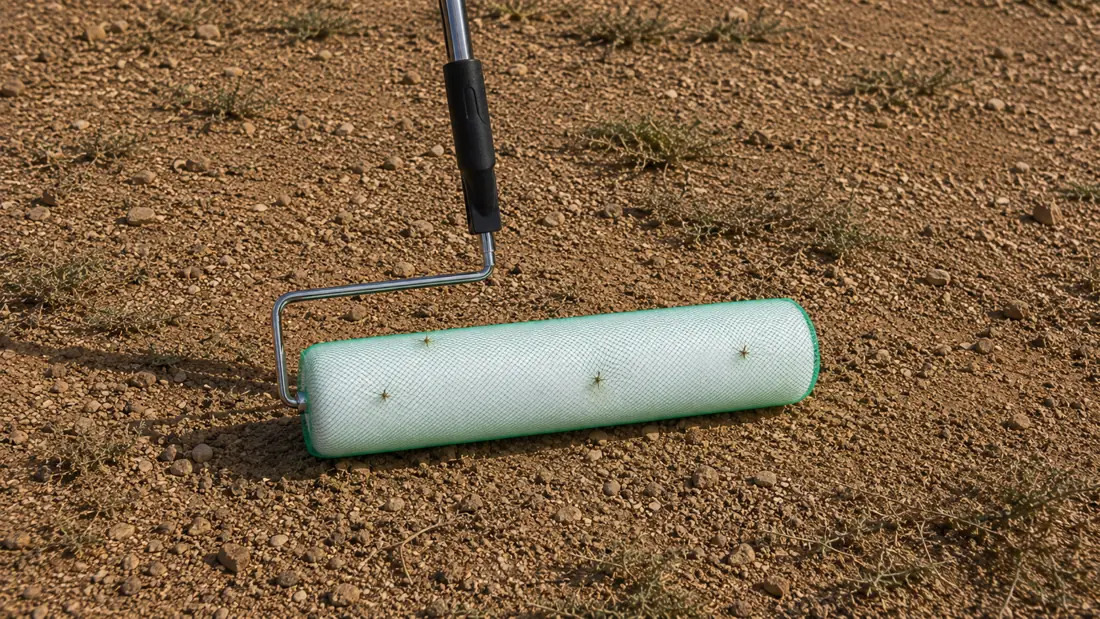 THORNADO roller with its green mesh sleeve standing on dry gravel ground